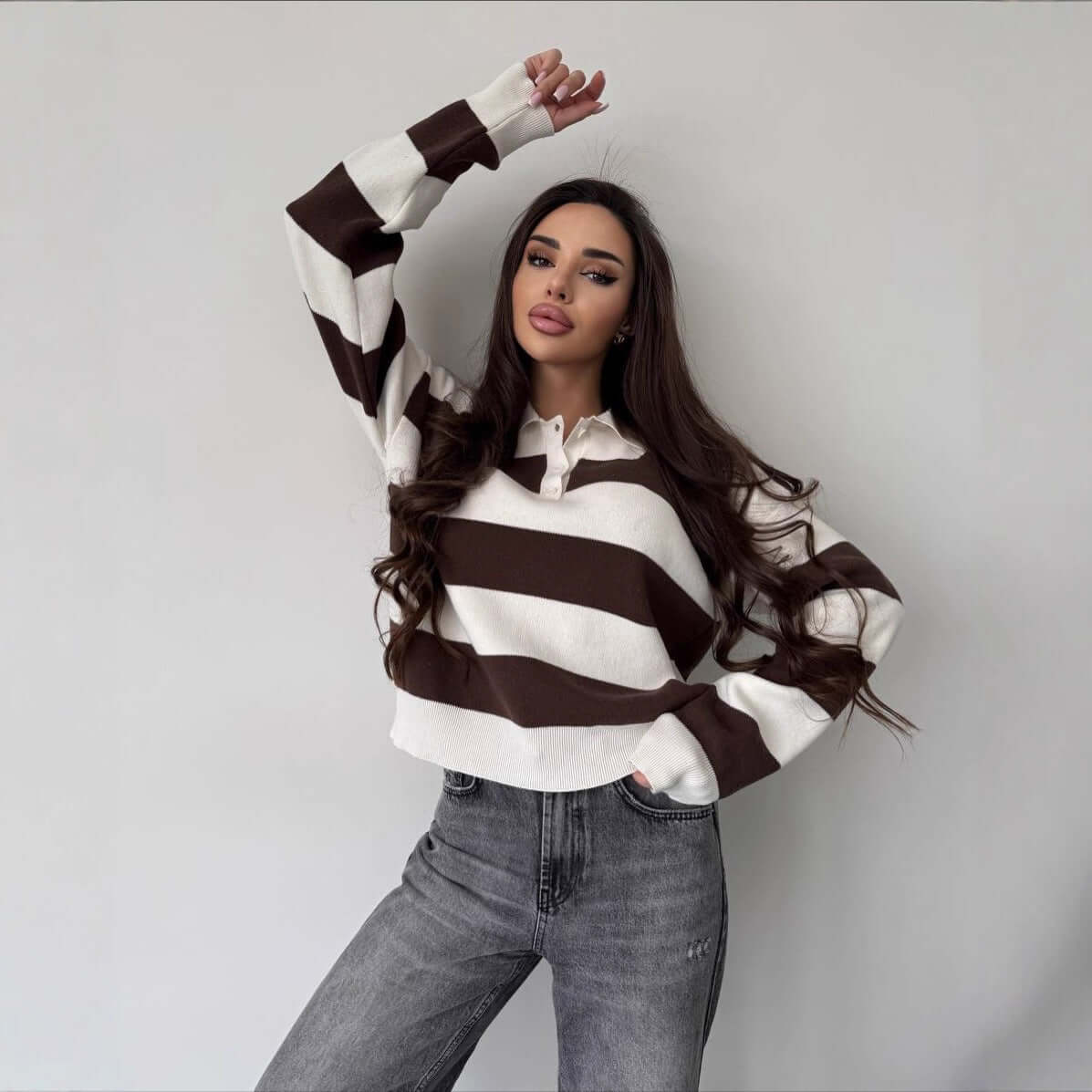 Lapel Half-zip Sweater Loose-fit Knit Top in white and brown stripes displayed on a model.