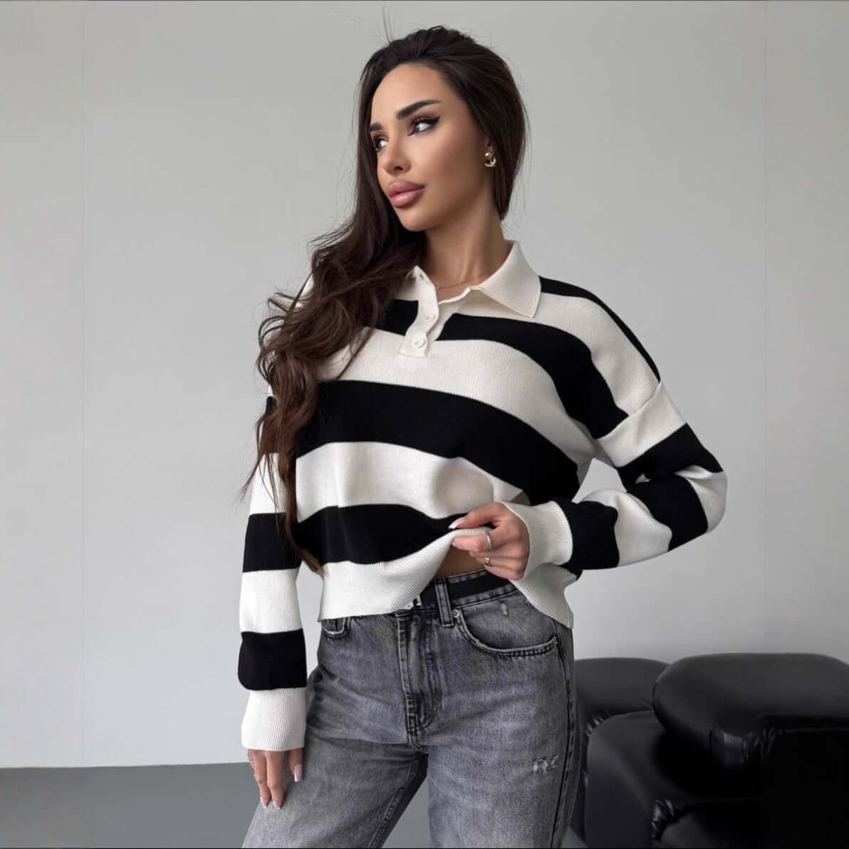 Lapel Half-zip Sweater Loose-fit Knit Top in black and white stripes, long sleeve, styled with jeans.