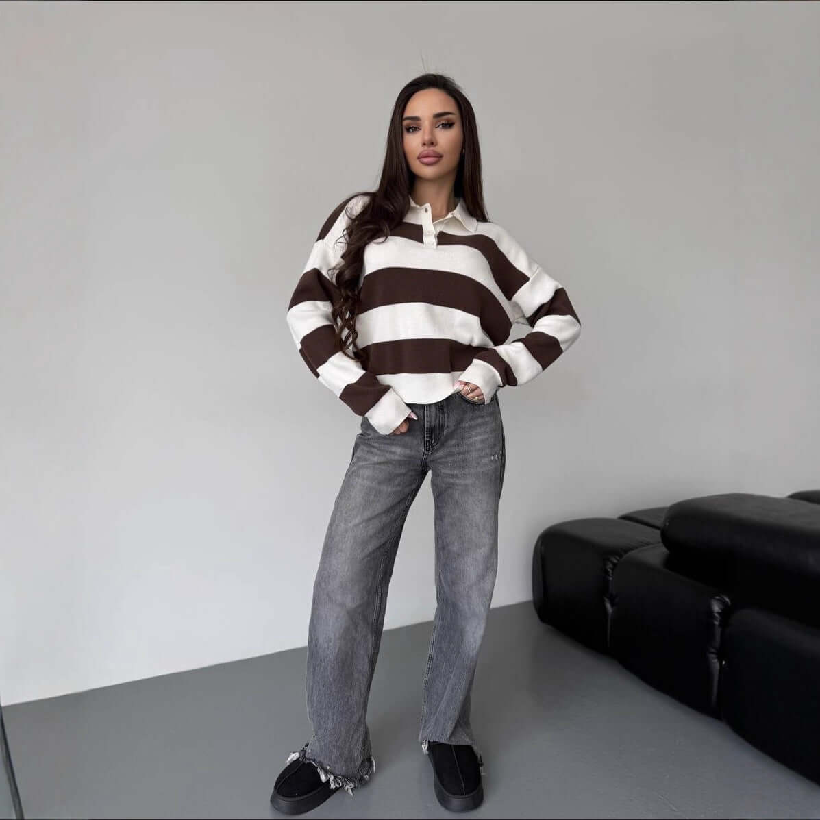 Lapel Half-zip Sweater Loose-fit Knit Top in brown and white stripes, styled with gray jeans.