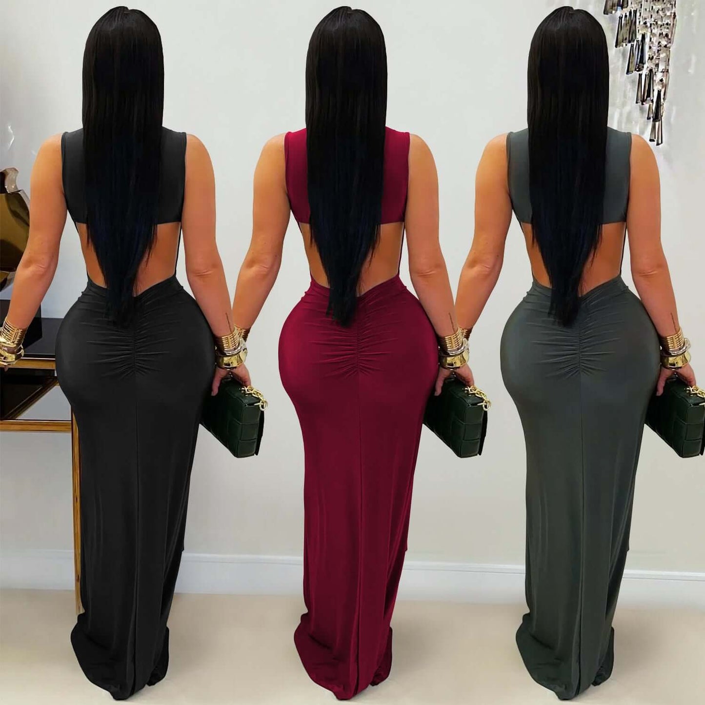 Stylish Womens Solid-Color Figure-Hugging Backless Dress in black, wine red, and dark green, showcasing an open back design.