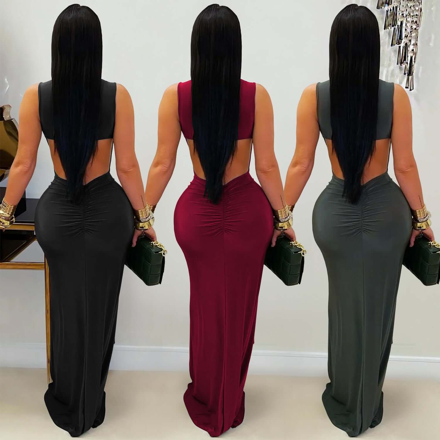 Stylish Womens Solid-Color Figure-Hugging Backless Dress in black, wine red, and dark green, showcasing an open back design.