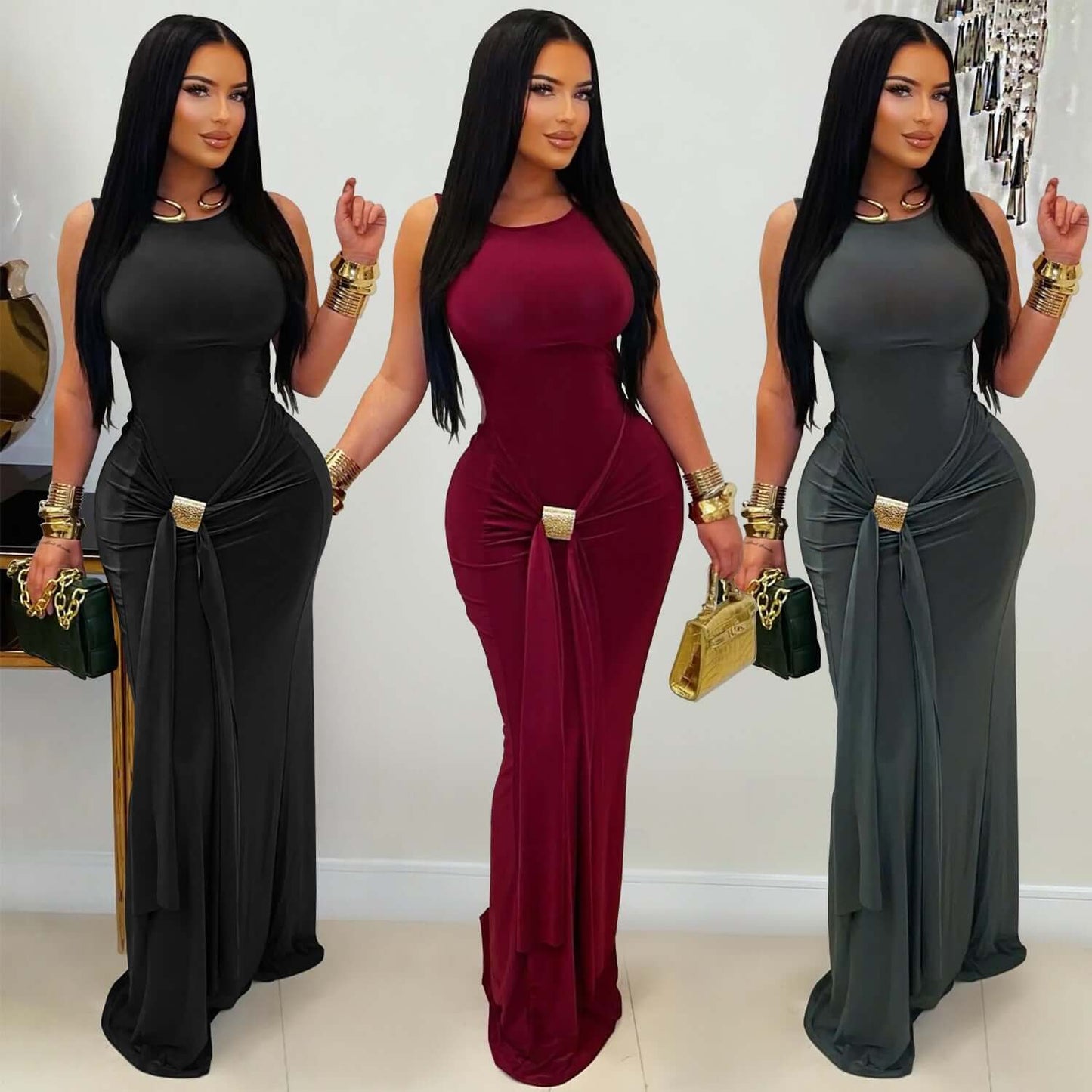 Stylish Womens Solid-Color Figure-Hugging Backless Dress in black, wine red, and grey maxi styles.