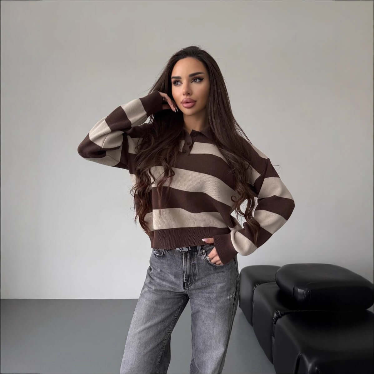 Lapel Half-zip Sweater Loose-fit Knit Top in brown and beige stripes, featuring long sleeves and casual style.